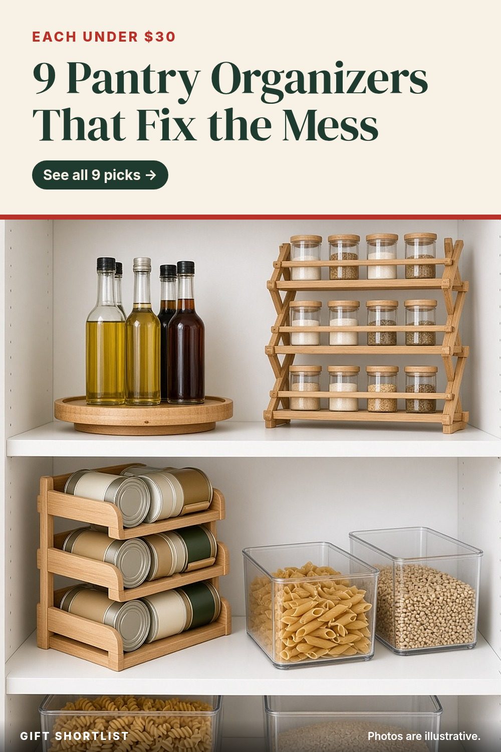 Pinterest graphic: 9 Pantry & Kitchen Organizers Under $30