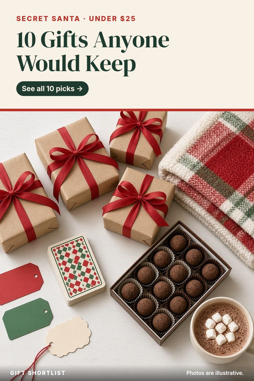 Pinterest graphic: 10 Secret Santa Gifts Under $25 Anyone Would Keep